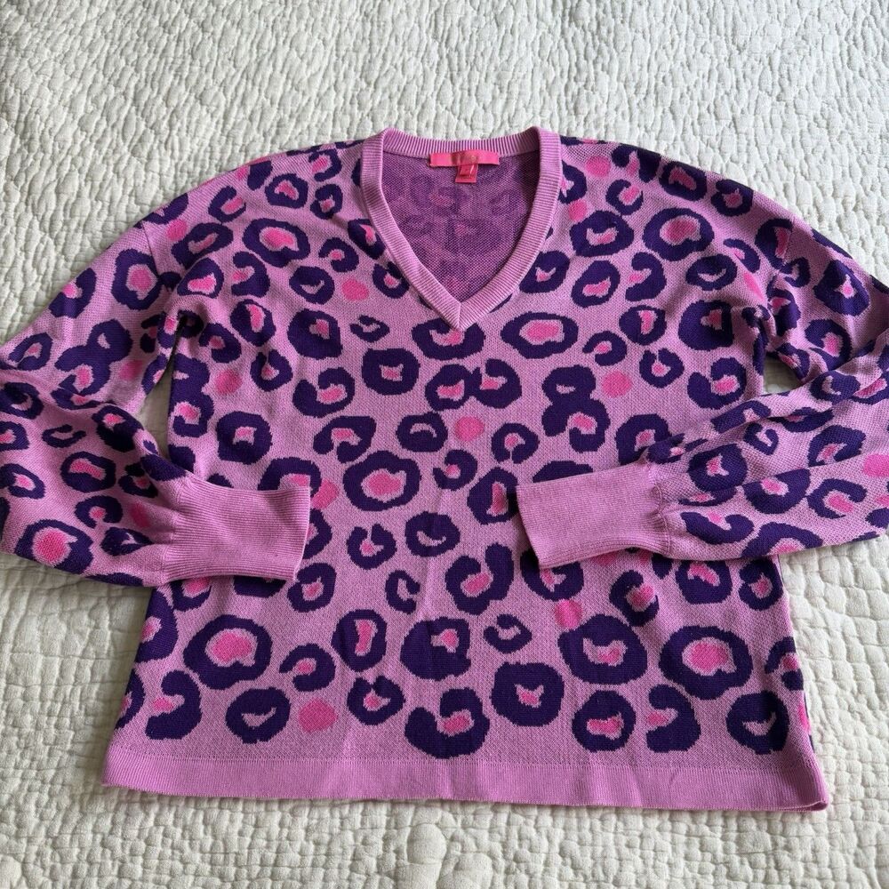 LILLY PULITZER Leopard Pink Purple Don’t Be A Cheetah Knit V-Neck Sweater Size S